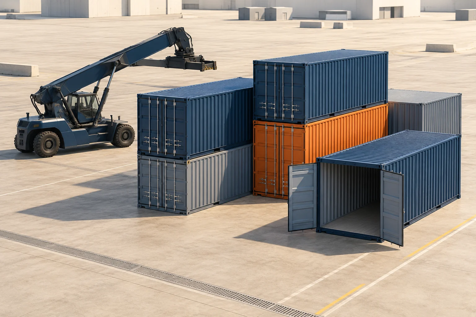 Concept illustration of empty containers and handling equipment in a terminal yard